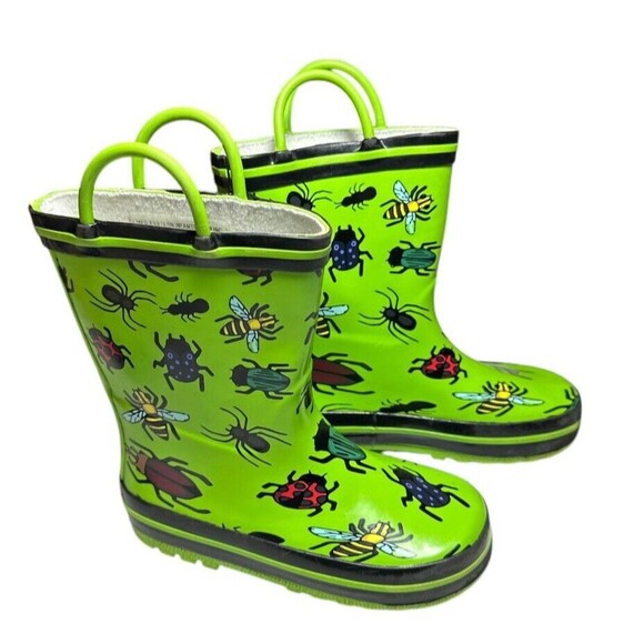 Kids Norty Waterproof Rubber Rain Boots Size 9 Green w/ Insects Bug Easy Pull On - Picture 2 of 6